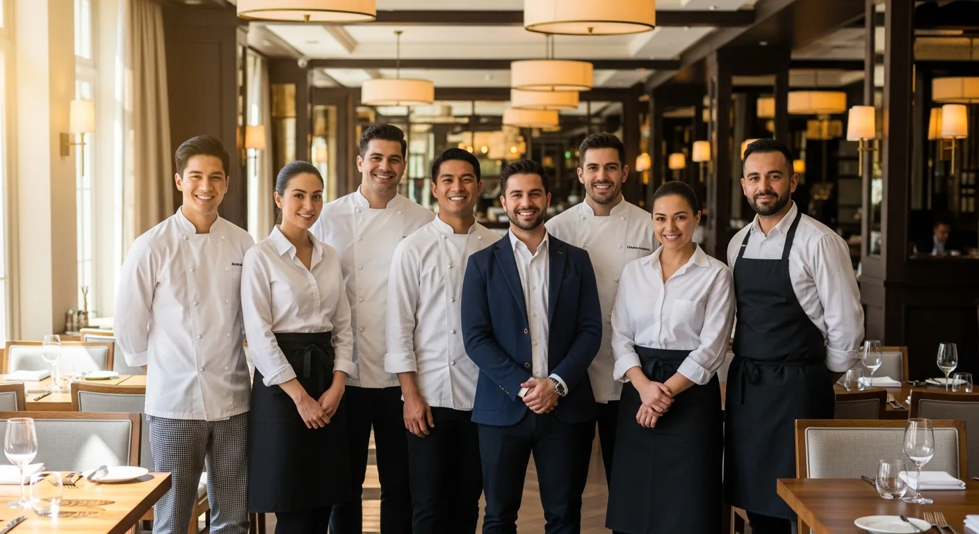 A hospitality team of chefs, servers, and a manager gathered in an upscale restaurant dining room